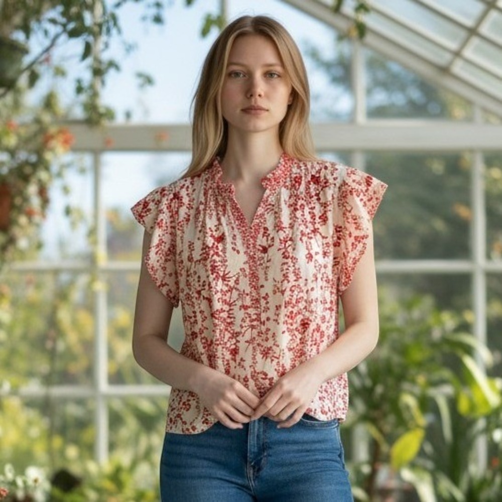 Berenice Paris Floral Flutter Sleeve Blouse Womens Cream Red Cotton Tencel Top